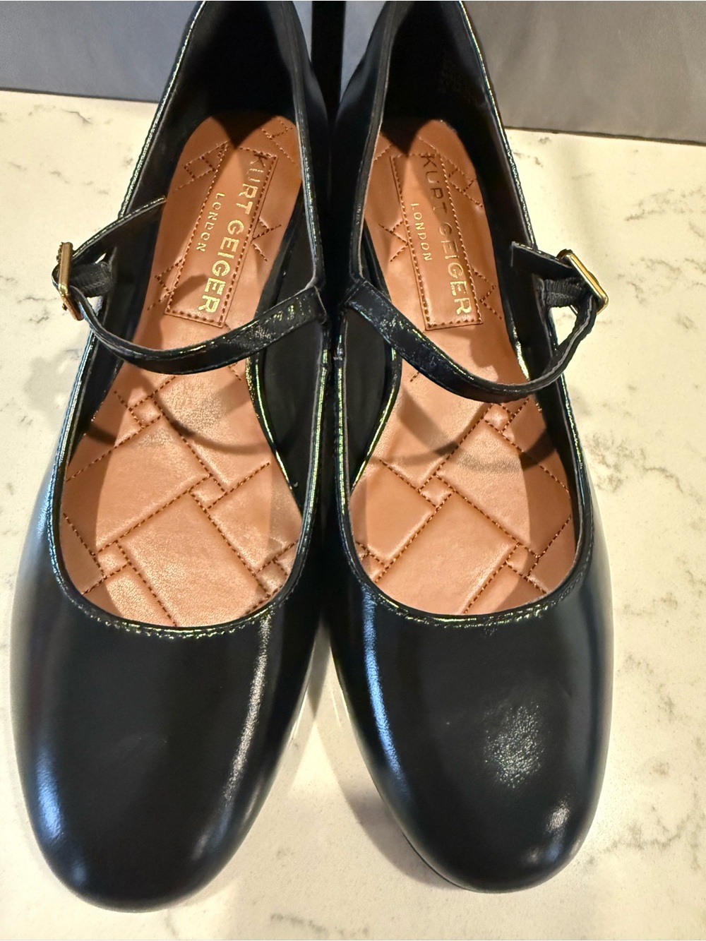 Kurt Geiger Black Patent Mary Jane Flats with Quilted Insole